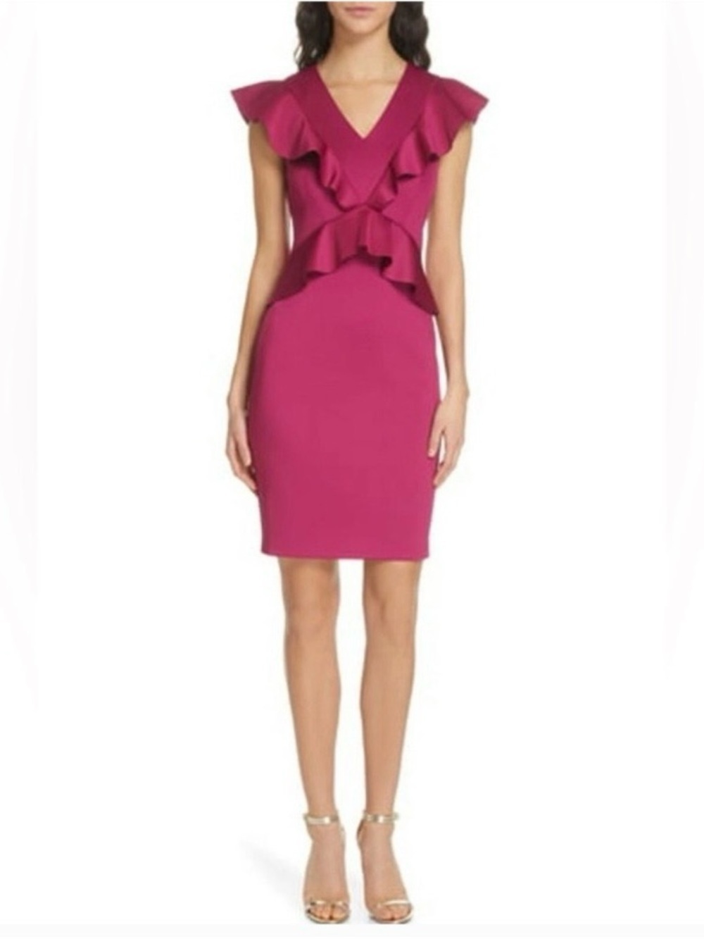 Ted Baker Ruffle V-Neck Sheath Dress in Fuchsia